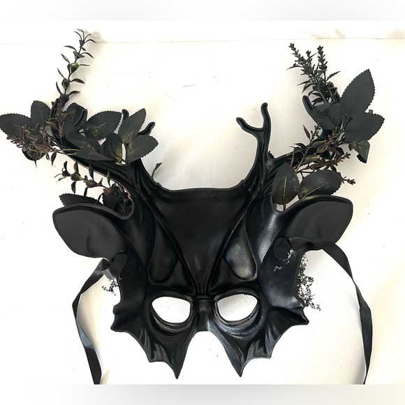 Hand Crafted Forest Deer Antler Halloween Mask Black Gold Hand Painted Moss Fern - Picture 7 of 12